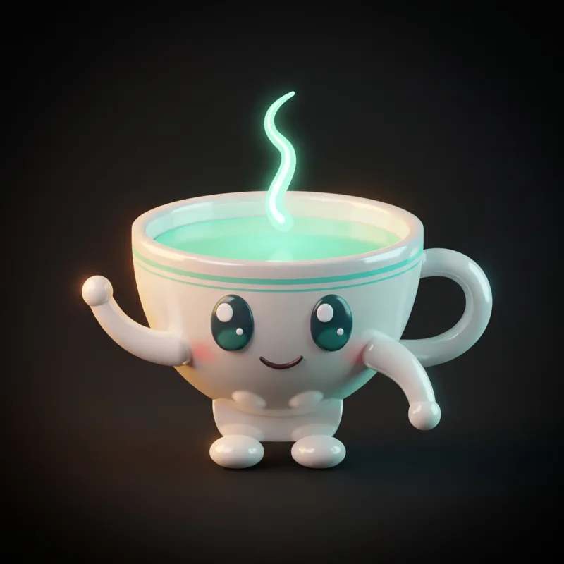 Clair, the Clairitea teacup mascot, waving hello