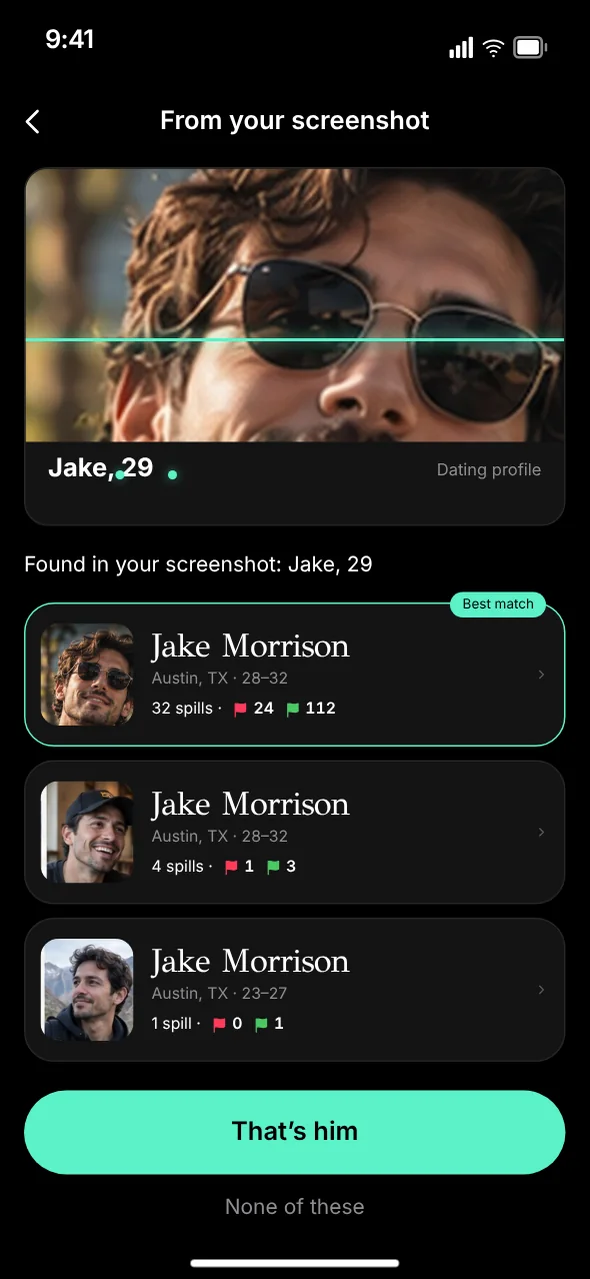 Clairitea finding a person from a dating profile screenshot