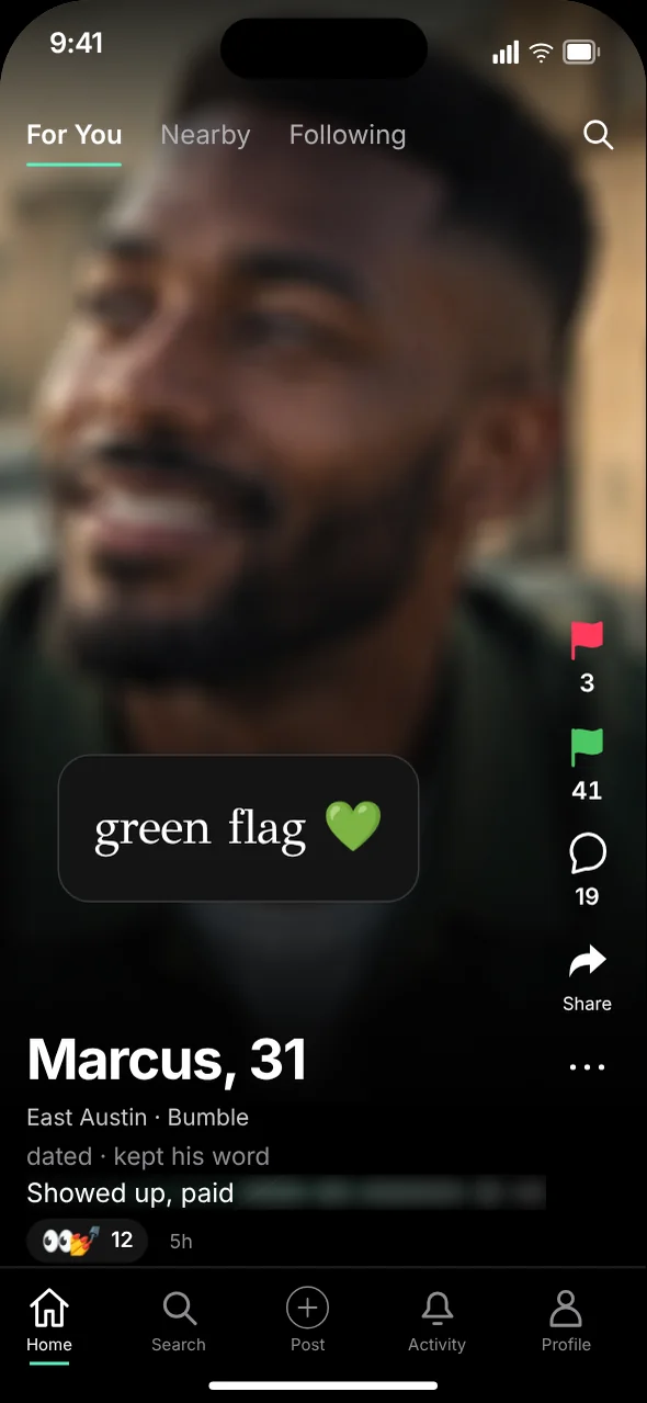 A feed post marked green flag