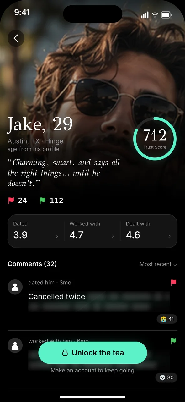 A person page in Clairitea with a 712 trust score, flag counts and ratings
