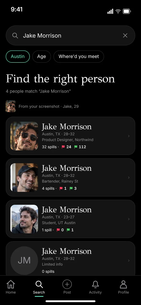 Search results for a name with several matches