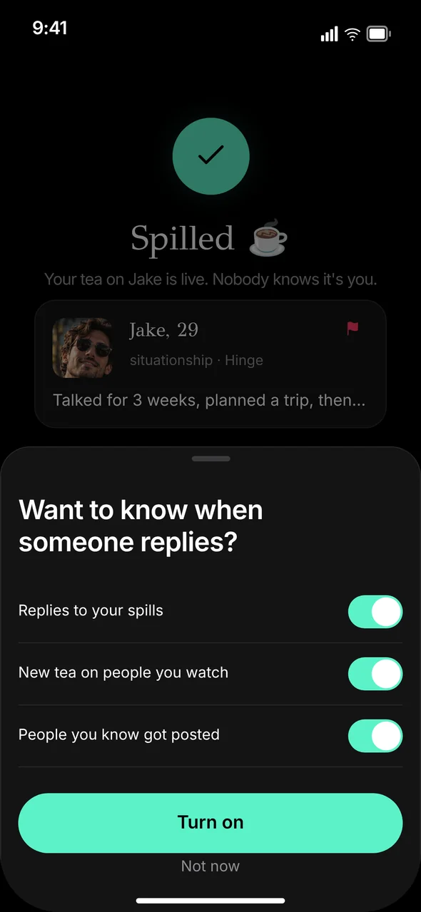 Clairitea confirming a post is live and anonymous